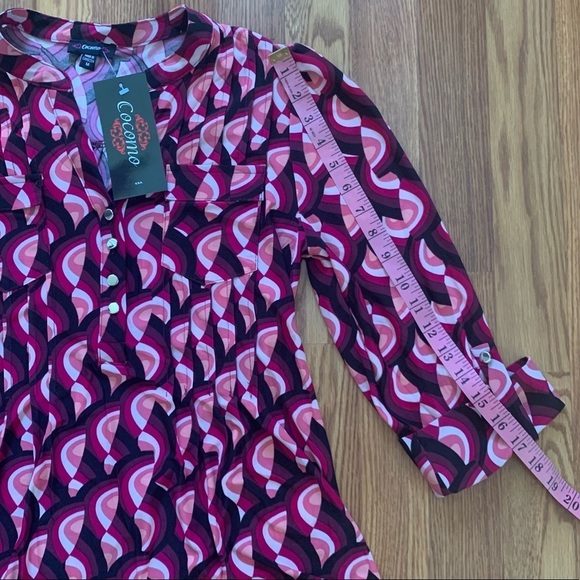 COCOMO Medium Burgundy multicolored 3/4 sleeve women’s pintuck Blouse top shirt - Picture 11 of 13